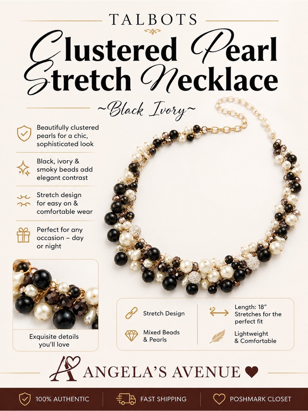 Talbots Clustered Pearl Stretch Necklace Black Ivory